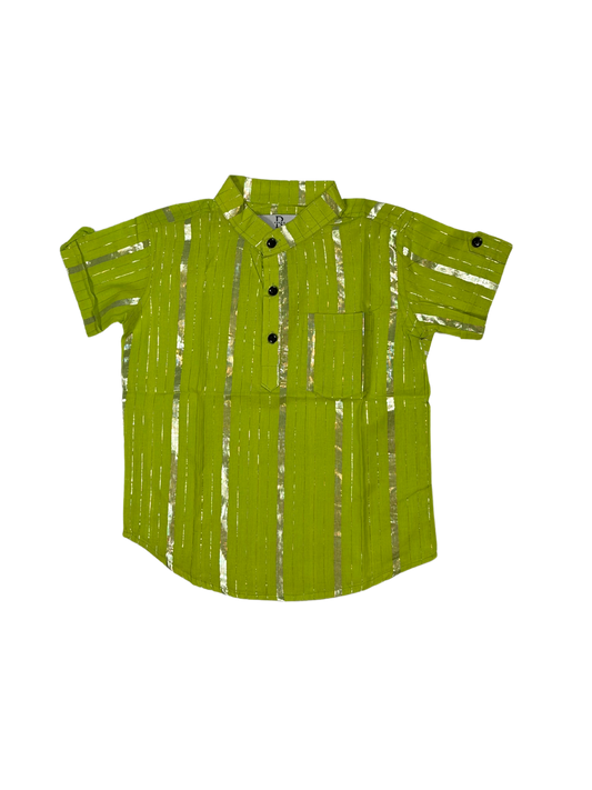 Boys' Festive Lime Green Shirt with Metallic Stripes